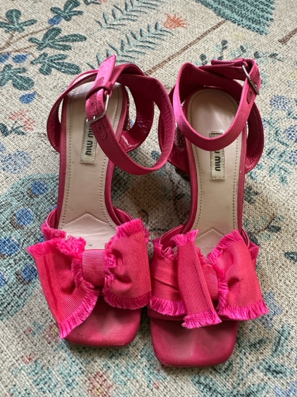 Miu Miu Hot Pink Ruffle Bow Ankle Strap Heels